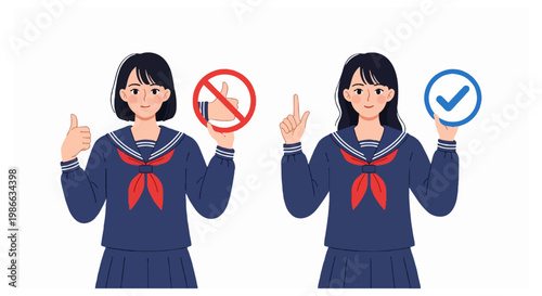 Two schoolgirls in navy blue uniforms are holding signs with a red cross over a thumb and a blue checkmark on a white background.