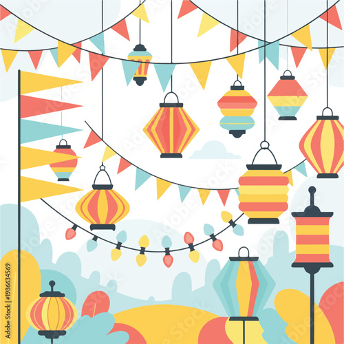 Colorful hanging decorations and lanterns on strings