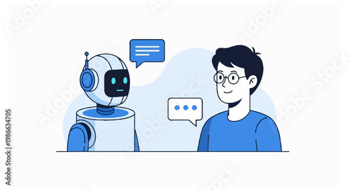 A white humanoid robot and a man with glasses are talking to each other with speech bubbles in a vector illustration style.
