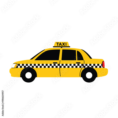 A yellow taxi cab with checkered stripe