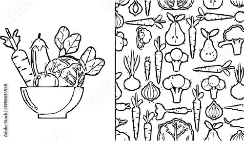 Hand Drawn Vegetable Icon Set with Bowl Carrot Onion Broccoli Cabbage and Fresh Organic Produce for Food Design
