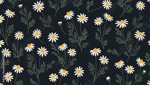 Elegant floral pattern featuring white daisies with yellow centers on a dark background for stylish textile and wrapping.