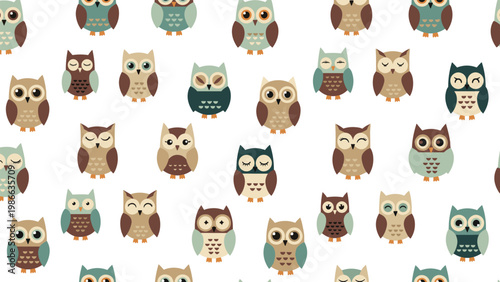Cute seamless pattern of colorful owls with different facial expressions and feather patterns on a white background.