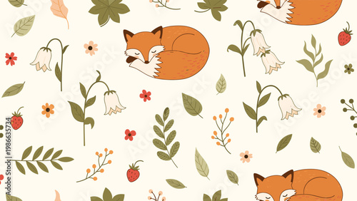 Charming woodland pattern with sleeping foxes nestled among delicate flowers, leaves, berries, and strawberries on a cream base.