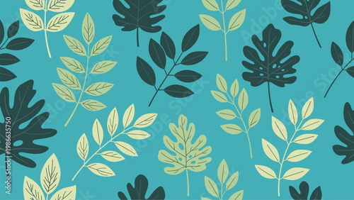Tropical leaf pattern featuring various exotic green foliage species like monstera and palm leaves on a vibrant teal background.