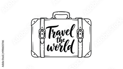 Vintage style travel the world illustration featuring a classic leather suitcase with hand lettered typography on a white background.