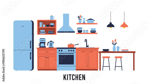 Modern kitchen interior scene featuring blue appliances, wood cabinets, a dining table with stools, and various kitchenware.