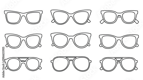 Set of nine different stylish eyeglass and sunglass frame outlines in a clean black and white minimalist graphic illustration.