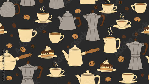 Vintage style coffee culture seamless pattern featuring stovetop espresso makers, teapots, cups, and cookies on a dark background.