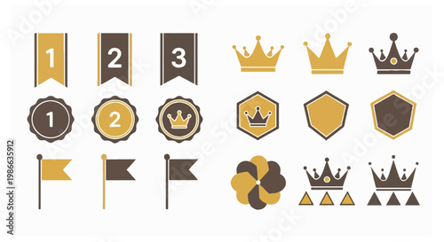 A set of eighteen vector icons featuring ribbons with numbers one two and three alongside various crowns and shields in a gold and brown color palette.