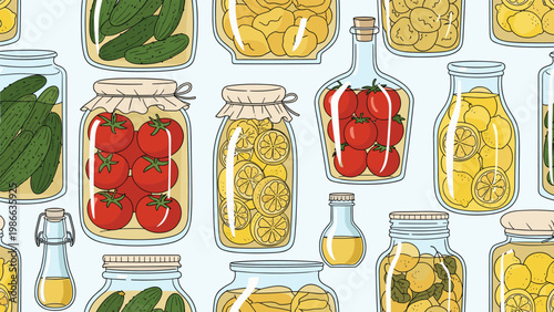 Colorful seamless pattern of glass jars and bottles filled with preserved tomatoes, cucumbers, and lemons on a light blue background.