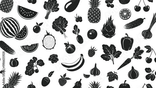 Dense seamless pattern of hand-drawn black and white fruit and vegetable icons including watermelon, banana, and pineapple.