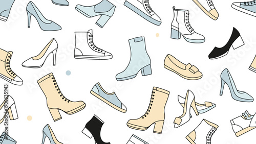 Fashionable seamless pattern of various footwear including high heels, sneakers, boots, and flats in neutral tones on a white background.