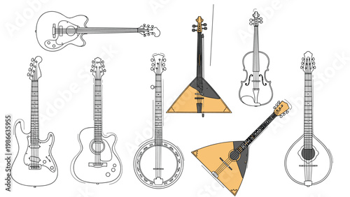 Minimalist line art collection of various stringed musical instruments including guitars, a banjo, a violin, and a balalaika.