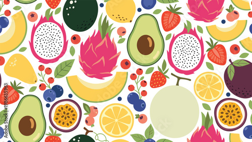 Vibrant and colorful seamless pattern of exotic tropical fruits including dragon fruit, passion fruit, avocado, and melon on white.