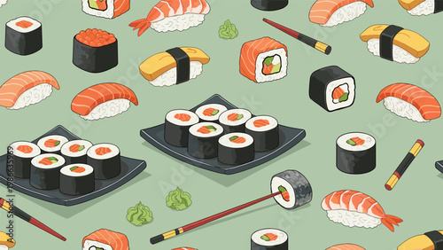 Appetizing Japanese cuisine seamless pattern with various sushi rolls, nigiri, sashimi, and chopsticks on a muted green background.