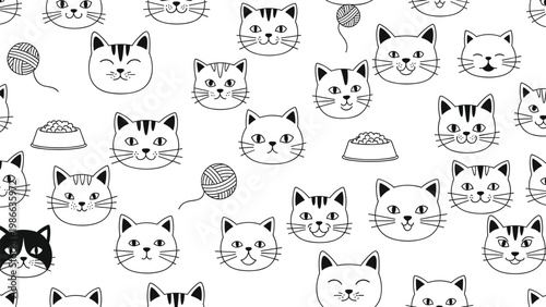 Adorable cat face pattern with line art illustrations of kittens balls of yarn and food bowls for pet lovers.