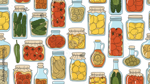 Colorful seamless pattern showcasing various glass jars filled with preserved vegetables like tomatoes and pickles for kitchen and pantry design.