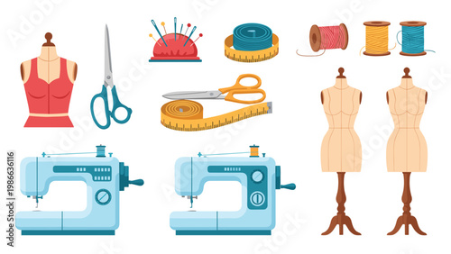 Professional sewing and tailoring kit featuring mannequins, sewing machines, scissors, thread, and needles for fashion design and craft projects.