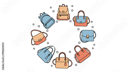 Fashionable arrangement of various handbags backpacks and purses in a circle on a clean white background for retail.
