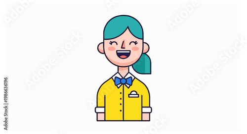 A cartoon woman with teal hair and a yellow uniform wearing a blue bow tie smiles with closed eyes against a white background in a flat icon style.