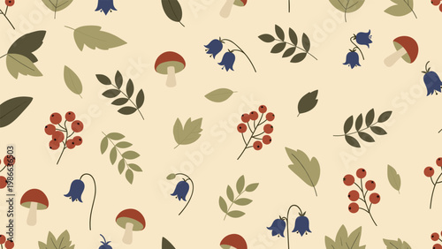 Autumnal nature pattern featuring wild berries mushrooms bluebell flowers and colorful leaves on a beige background.