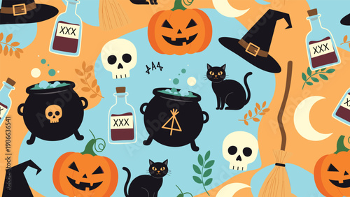Spooky halloween pattern with icons of jack-o-lanterns black cats witch hats skulls and bubbling cauldrons.