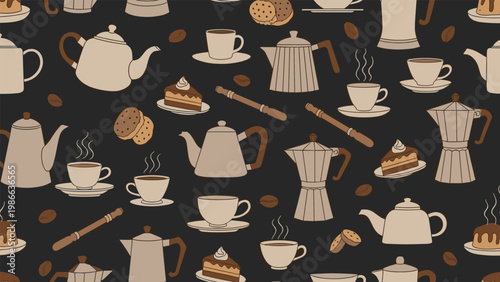 Dark seamless pattern of coffee and tea-related items including moka pots cups cake slices and cookies for cafe decor.