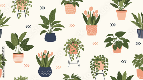 Stylish houseplant pattern featuring green foliage plants in various colorful pots with modern graphic arrow details.