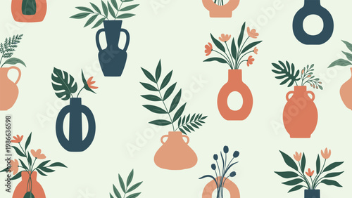 Minimalist pattern of terracotta and dark blue vases filled with simple green leaves and flowers for modern art.