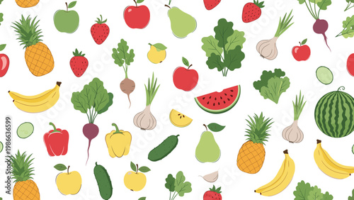 Fresh and healthy food pattern with a variety of fruits and vegetables including pineapple garlic and watermelon.