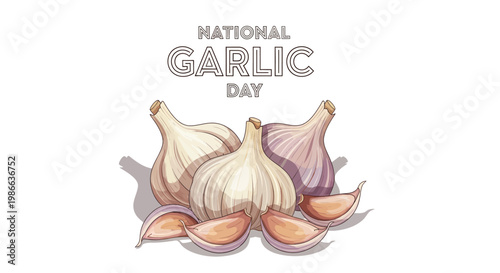 Illustrated vector design celebrating National Garlic Day, featuring a cluster of fresh garlic bulbs and cloves with soft shadows, set against a clean white background with a minimalist