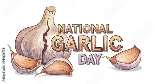 Vector illustration commemorating National Garlic Day with a detailed depiction of fresh garlic cloves and bulb, presented in a food-themed composition against a clean white background