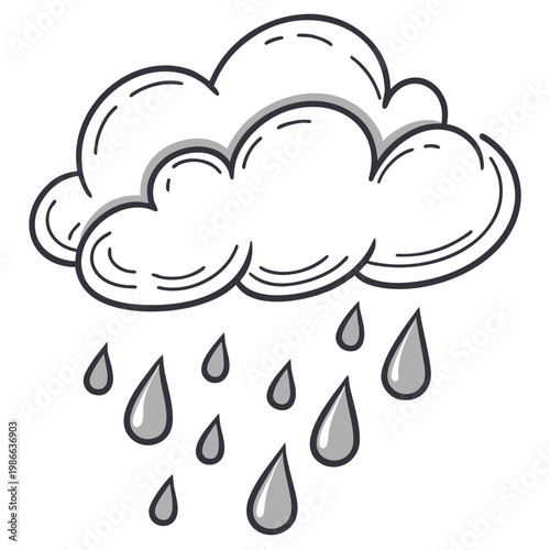 A simple cartoon cloud with raindrops falling from it in a minimalist illustration style