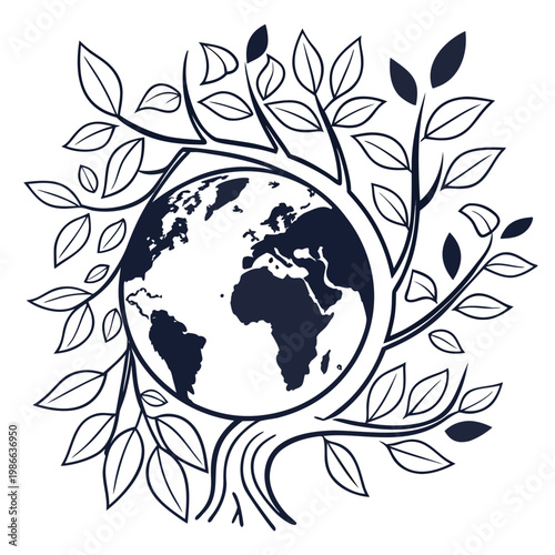 A minimalist vector graphic illustration of the Earth surrounded by tree roots and leaves