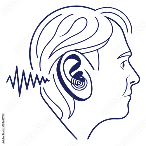 A vector graphic illustration of a person's head with a hearing aid and sound wave