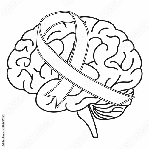 A vector graphic illustration of a brain with a ribbon wrapped around it
