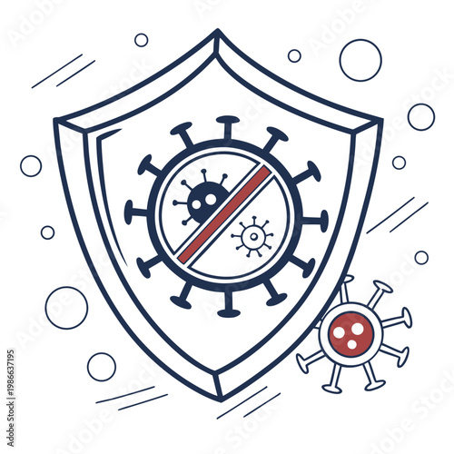 A vector graphic illustration of a shield protecting against viruses and germs with a modern design