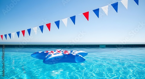 Happy 4th july celebration with pool float and bunting flags