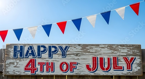 People celebrate Happy 4th of July with festive bunting and sign.