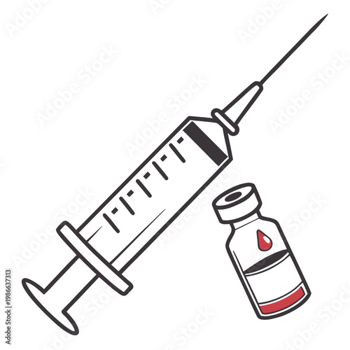 A medical syringe and vaccine bottle in a simple vector illustration