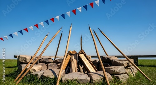 People celebrate Happy 4th july with firewood and flags in a field