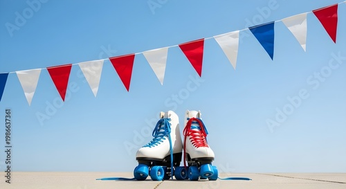 Happy 4th july celebration with roller skates on a sunny day outdoors