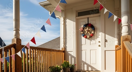 Happy 4th july celebration on a house porch with decorations