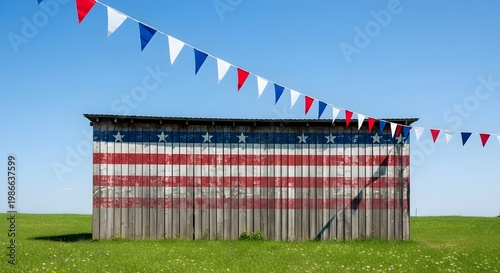Happy 4th july celebration with american flag barn in green field