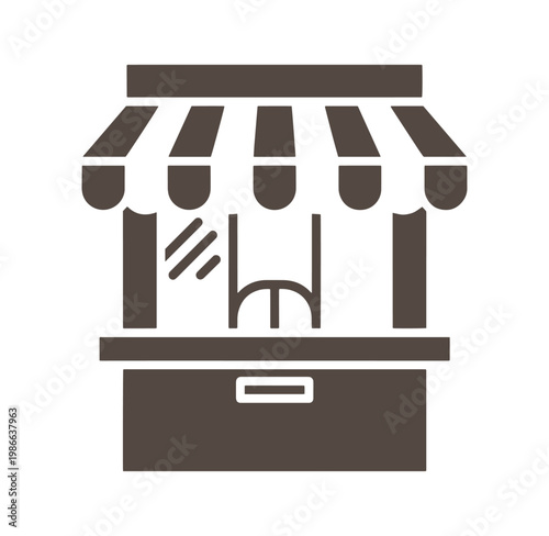 Brown food truck icon with striped awning and open window for serving customers quickly