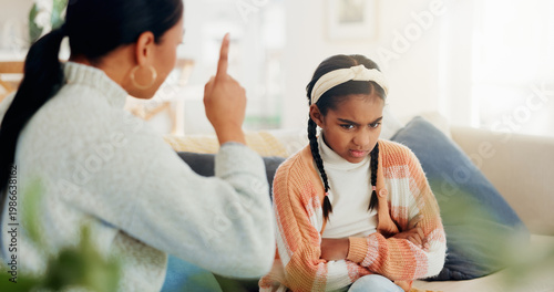 Fotografie Mother, scold and child with warning at house for discipline, disobedience and bad behavior