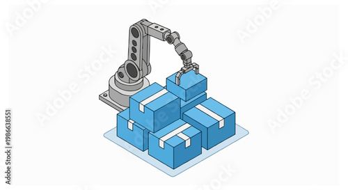 An isometric grey industrial robotic arm lifts a blue box from a stack of four packages on a light blue rectangular base plate.