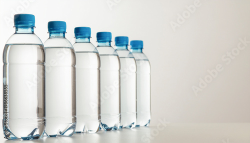 床にならべた水のはいった透明プラスチックボトル
