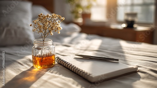 Warm sunlight on study desk with notebook and pen, minimal peaceful workspace with soft shadows and copy space for education concept